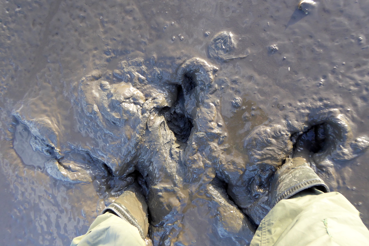 Looking down on boots in soupy, dark brown mud.