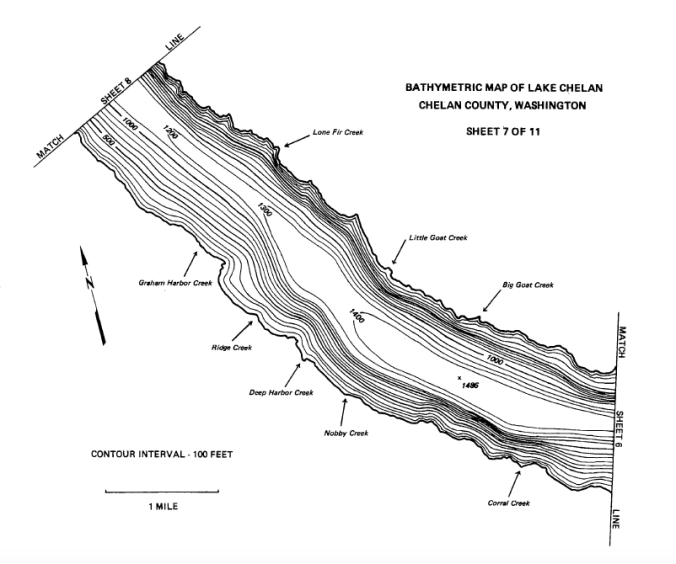 Section of bathymetric map of Lake Chelan. Contour Lines in 100 foot intervals. Greatest depth 1486 feet.