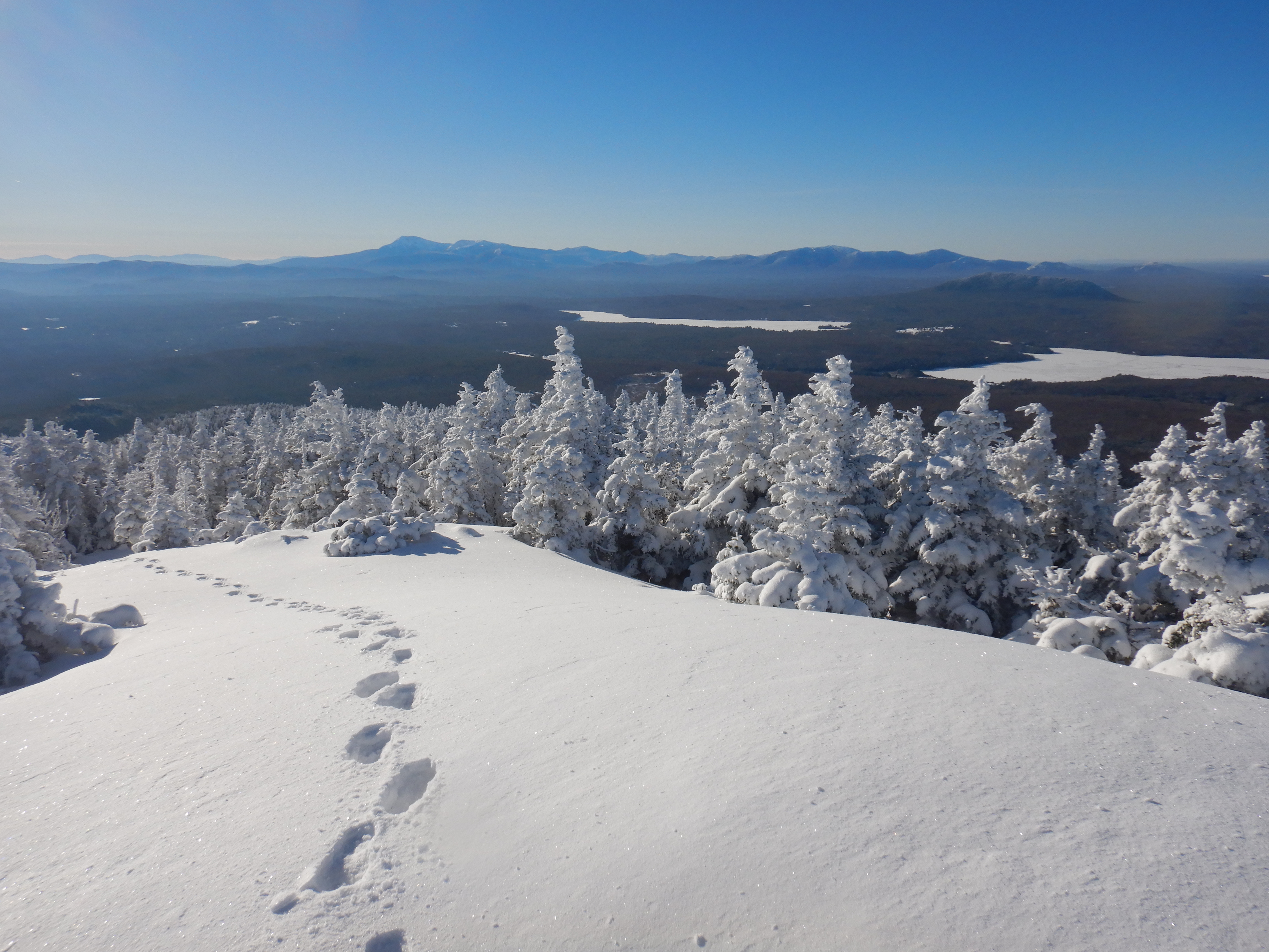 View of forested landscape from mountain summit. Snow covers ground at bottom. A single set of human footprints cross them toward the perspective of the camera. Snow-covered spruce and fir trees cover the near slopes. Ice covered ponds and forest fill the lowlands. A line of mountains forms the horizon.
